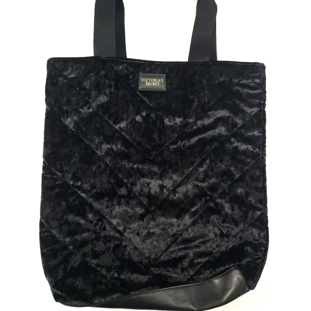 Women's Victoria's Secret Tote Bag Black Quilted Velvet Medium Shoulder Straps‎